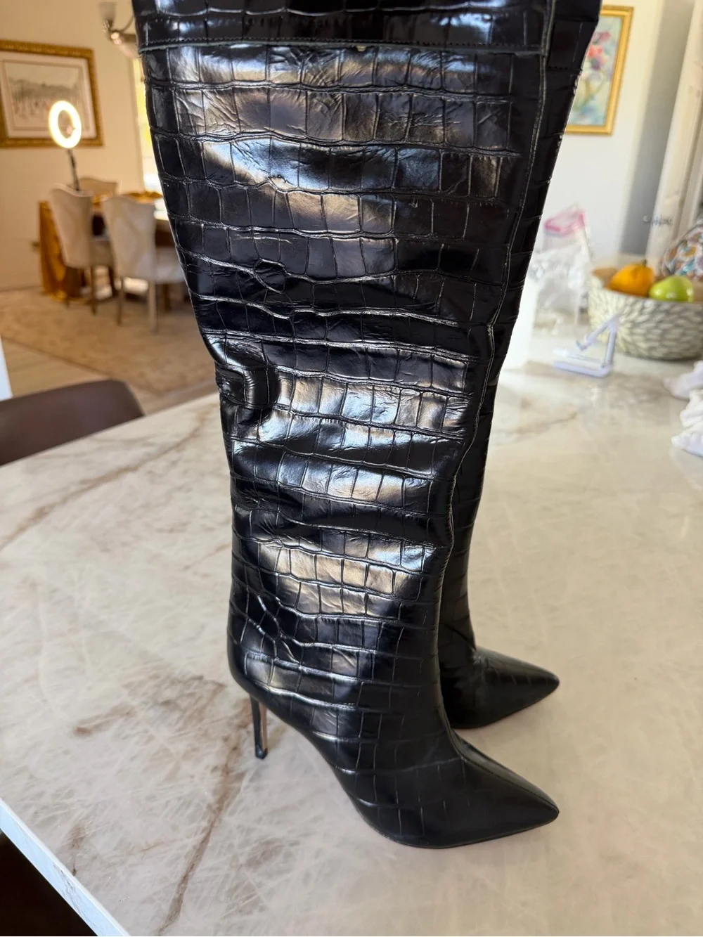 SCHUTZ Black Croc-Embossed Over-the-Knee Stiletto Boot